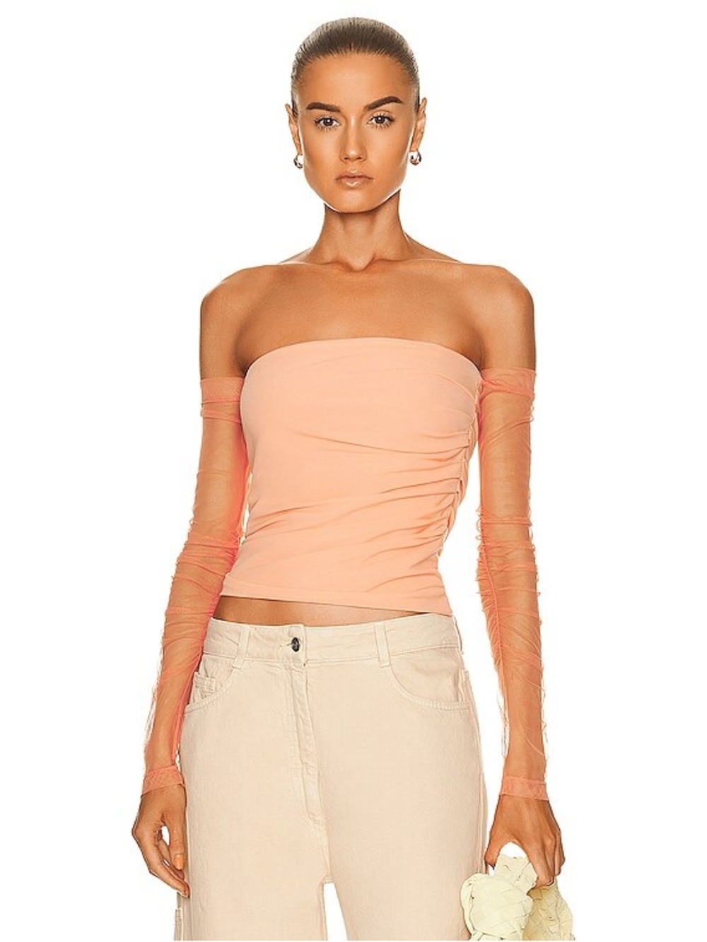 NWT Helmut Lang Coral Pink Off-Shoulder Mesh Sleeve Tube Top Draped Sheer Ruched